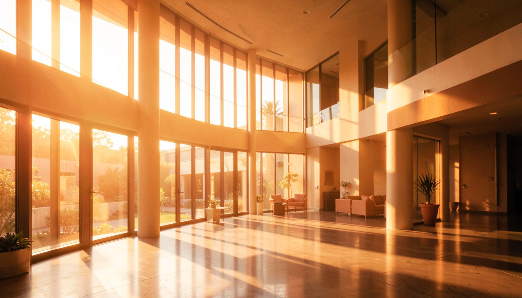 A warm golden-hour photograph of a bright, modern atrium with soft natural light streaming through tall windows, conveying a calm and welcoming professional environment.