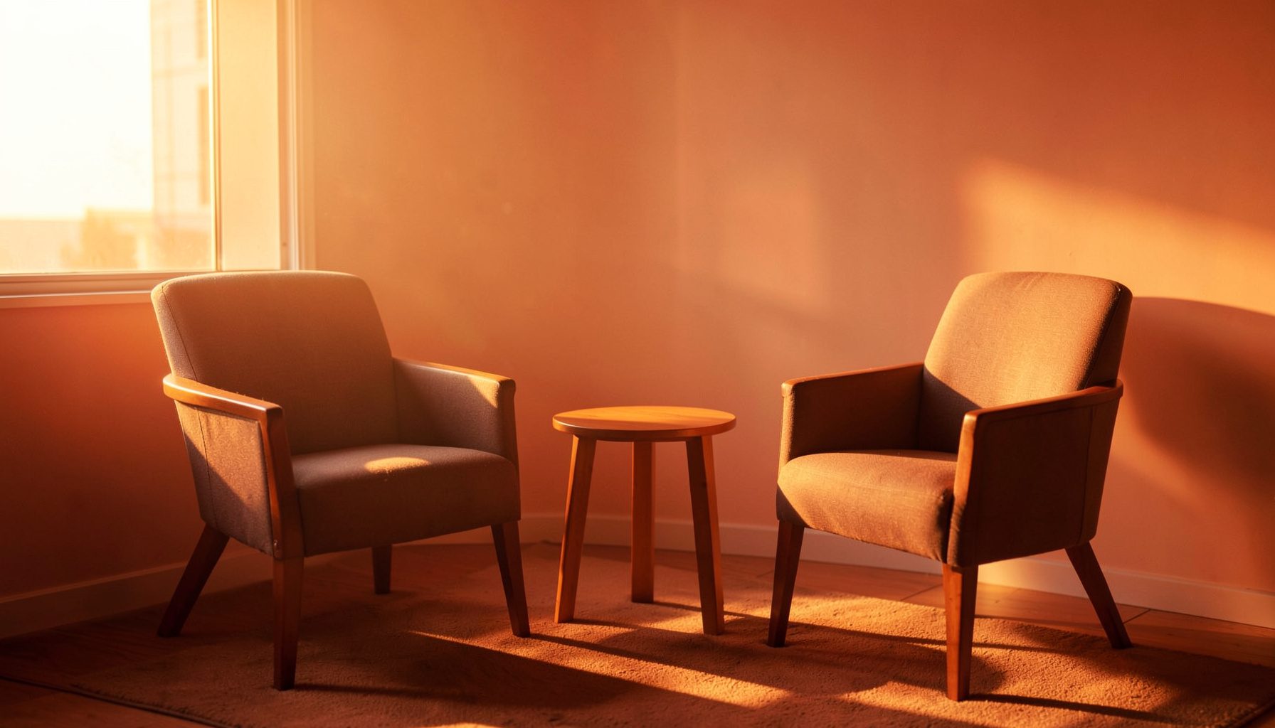 A warm golden-hour photograph of a quiet consultation room with two chairs and a small side table, conveying calm and openness.