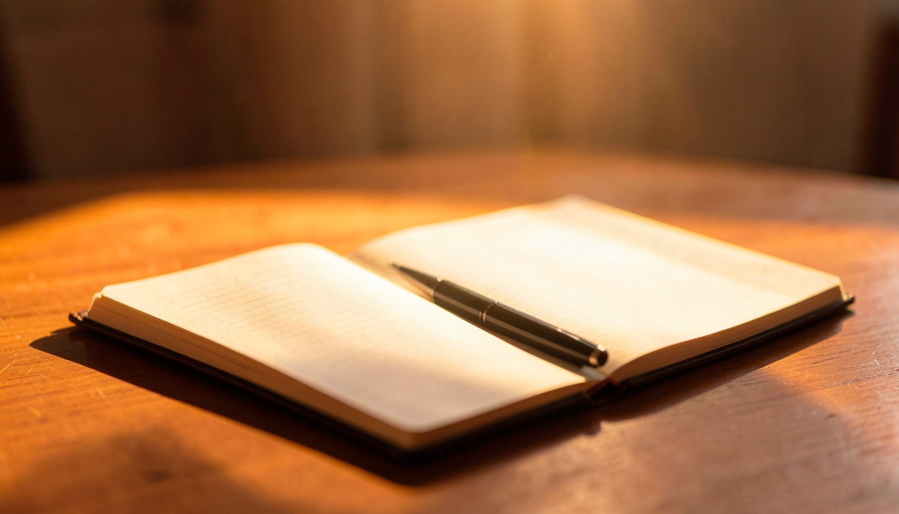 A warm golden-hour photograph of an open notebook and pen resting on a clean wooden desk, conveying thoughtful study.
